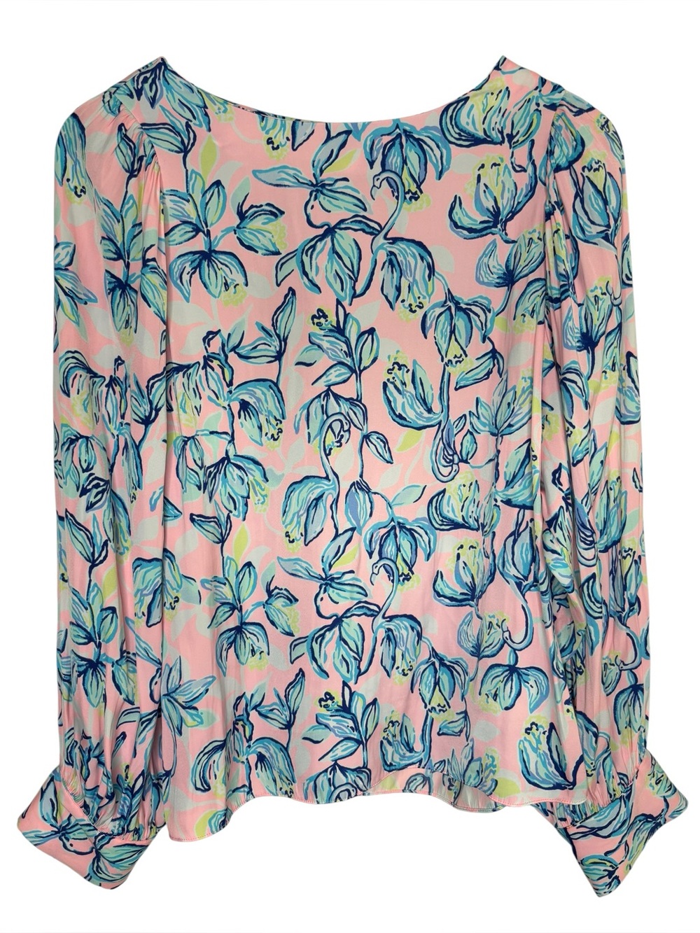 Lilly Pulitzer blouse pink flamingo leaf print balloon sleeve top small